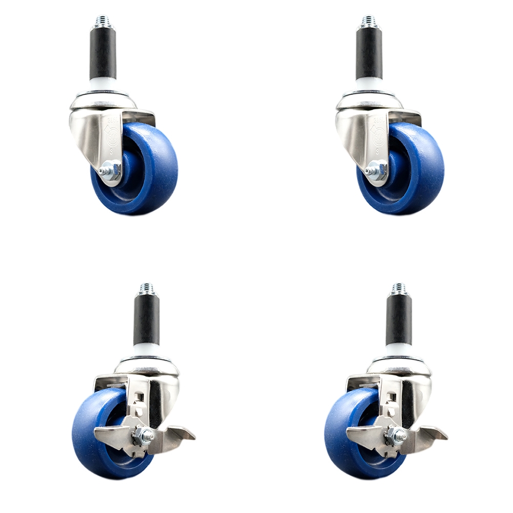 Solid Poly Swivel Stem Caster with 3 in. Blue Caster Wheels, 1 in. Expanding Stems - 316 Stainless Steel Casters - Set of 4