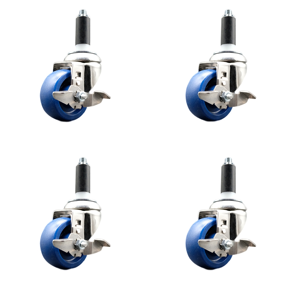 Solid Polyurethane Swivel Stem Caster with 3 in. Blue Caster Wheels, 1.13 in. Expanding Stems - 316 Stainless Steel Casters - Set of 4