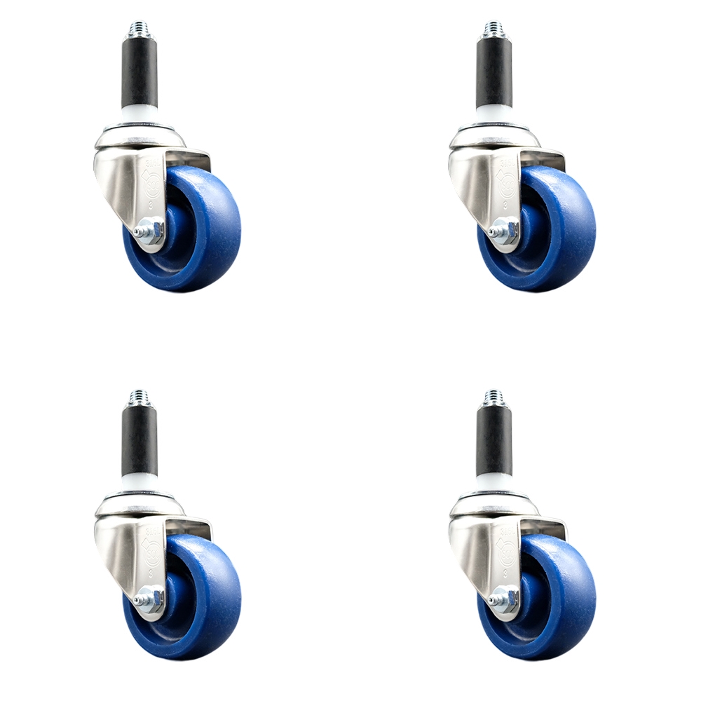 Solid Polyurethane Swivel Stem Caster with 3.5 in. Blue Caster Wheels, 1.13 in. Expanding Stems - 316 Stainless Steel Casters - Set of 4