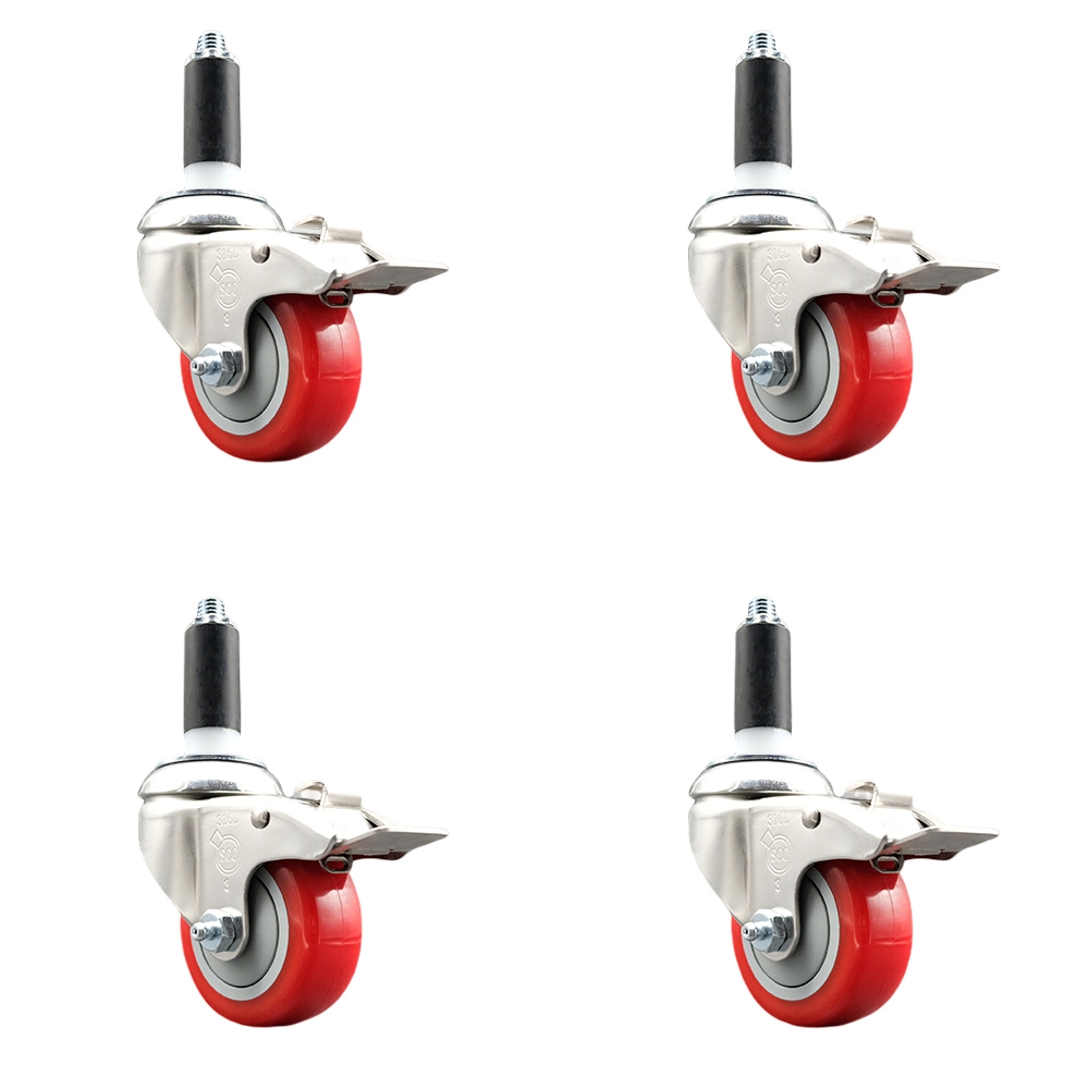 Polyurethane Swivel Stem Caster with 3.5 in. Red Caster Wheels, 1 in. Expanding Stems - 316 Stainless Steel Casters - Set of 4
