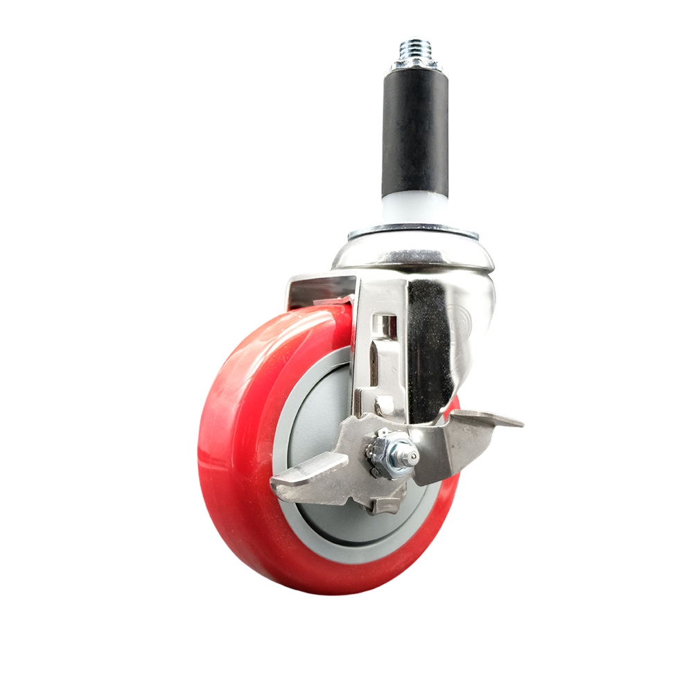 Polyurethane Swivel Stem Caster with 4 in. Red Caster Wheels & Top Lock Brake, 1 in. Expanding Stem - 316 Stainless Steel Caster
