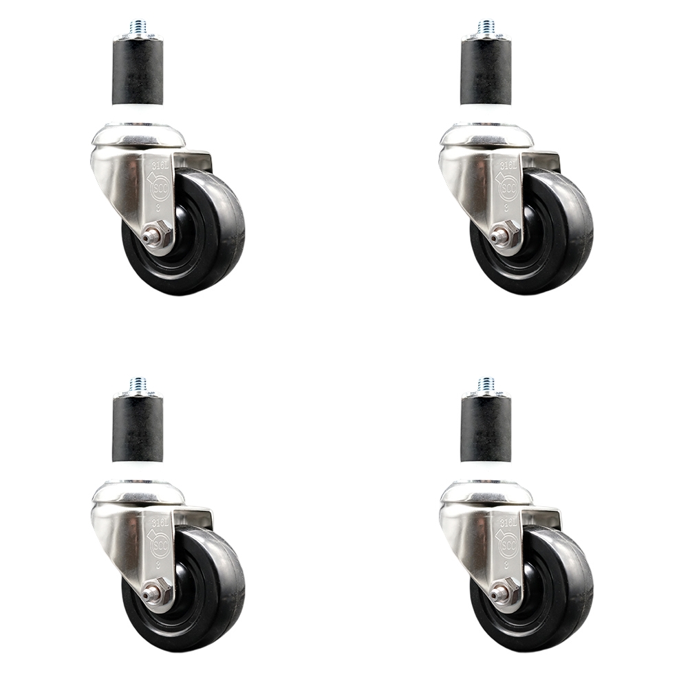 Hard Rubber Swivel Stem Caster with 3.5 in. Black Caster Wheels, 1.75 in. Expanding Stems - 316 Stainless Steel Casters - Set of 4