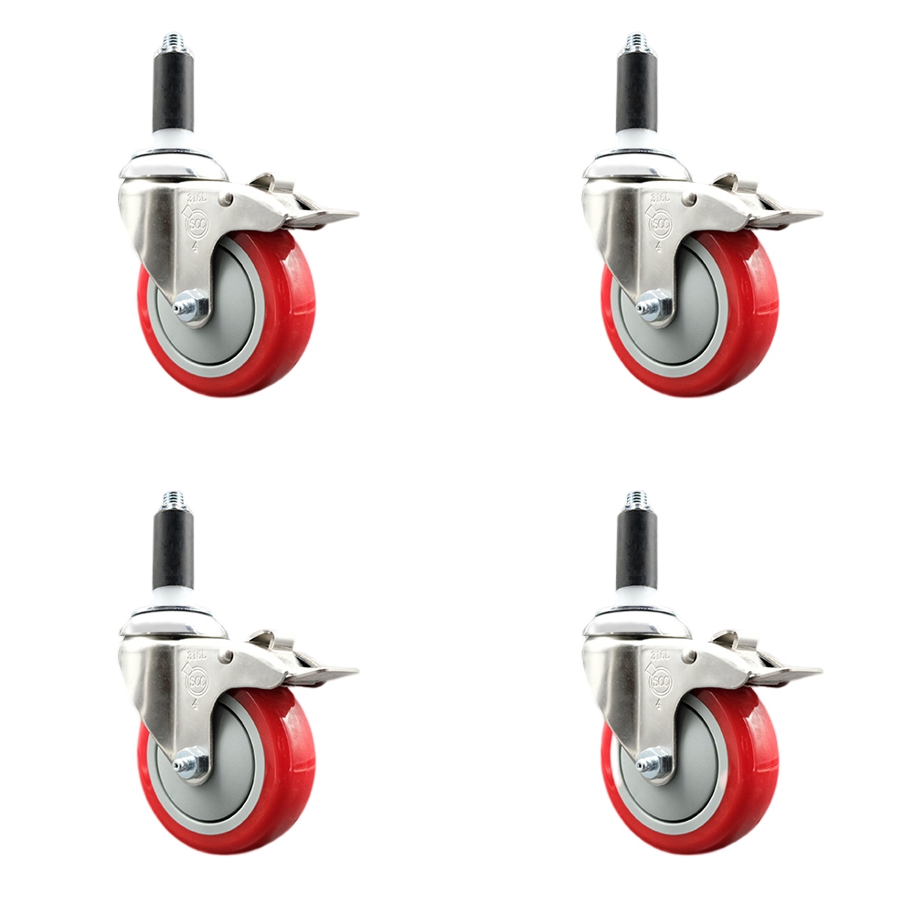 Polyurethane Swivel Stem Caster with 4 in. Red Caster Wheels, 1 in. Expanding Stems - 316 Stainless Steel Casters - Set of 4