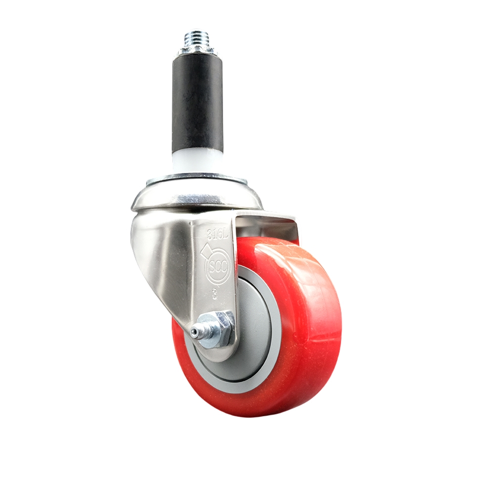 Polyurethane Swivel Stem Caster with 3.5 in. Red Caster Wheels, 1.13 in. Expanding Stem - 316 Stainless Steel Caster