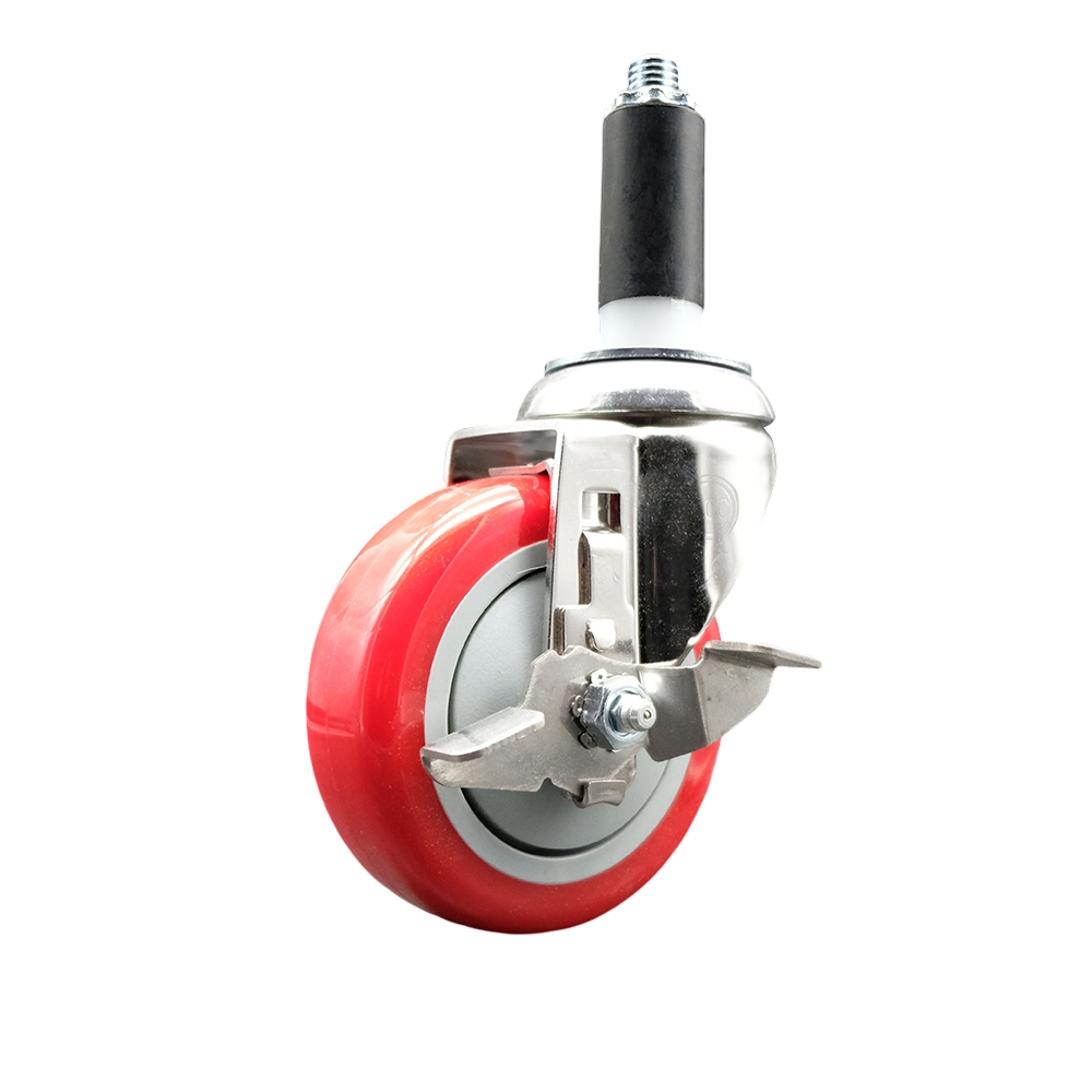 Polyurethane Swivel Stem Caster with 4 in. Red Caster Wheels & Top Lock Brake, 1.13 in. Expanding Stem - 316 Stainless Steel Caster