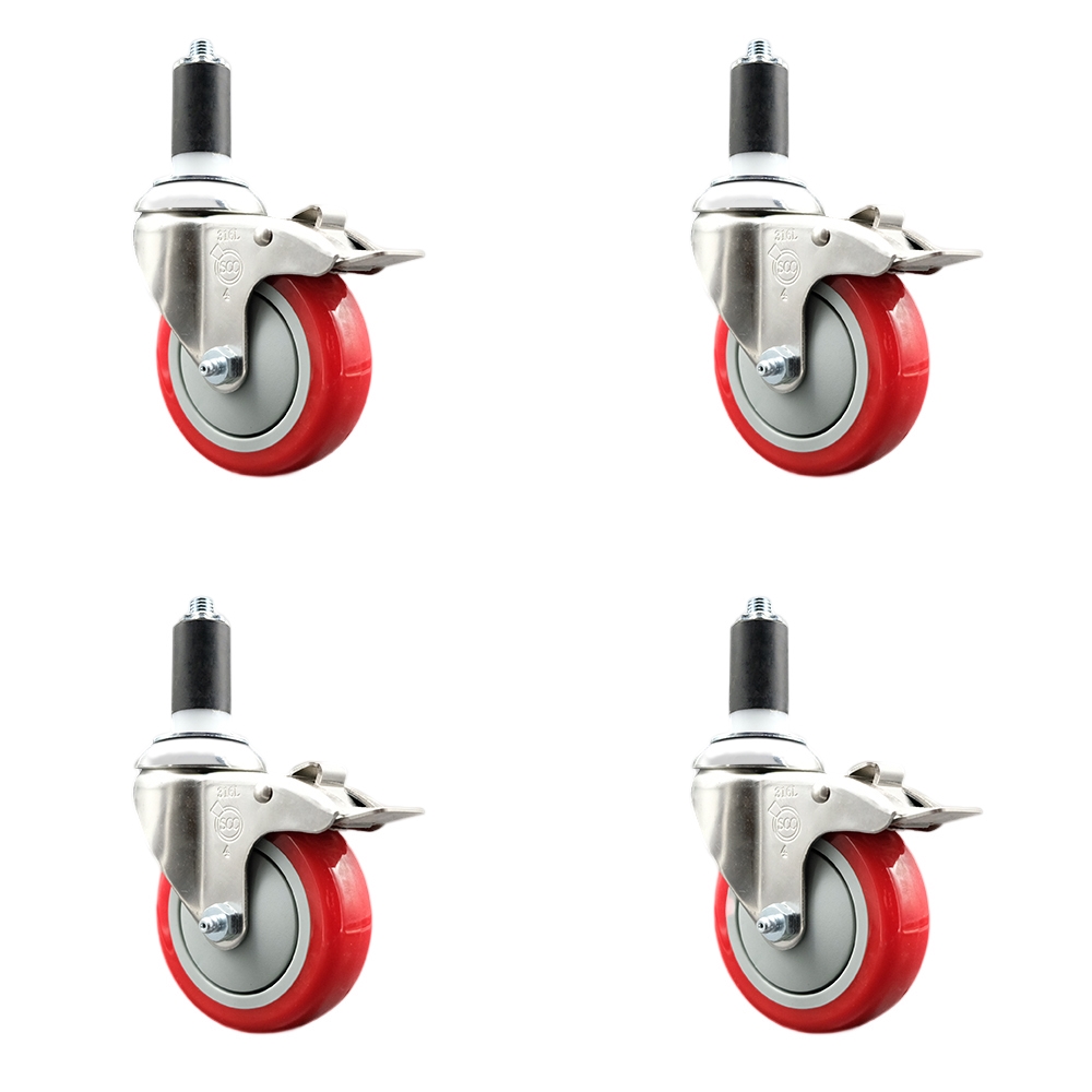 Polyurethane Swivel Stem Caster with 4 in. Red Caster Wheels, 1.25 in. Expanding Stems - 316 Stainless Steel Casters - Set of 4