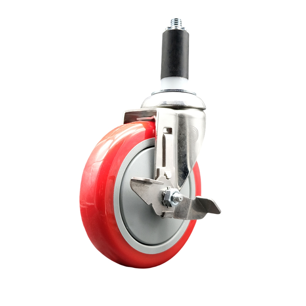 Polyurethane Swivel Stem Caster with 5 in. Red Caster Wheels & Top Lock Brake, 1.25 in. Expanding Stem - 316 Stainless Steel Caster