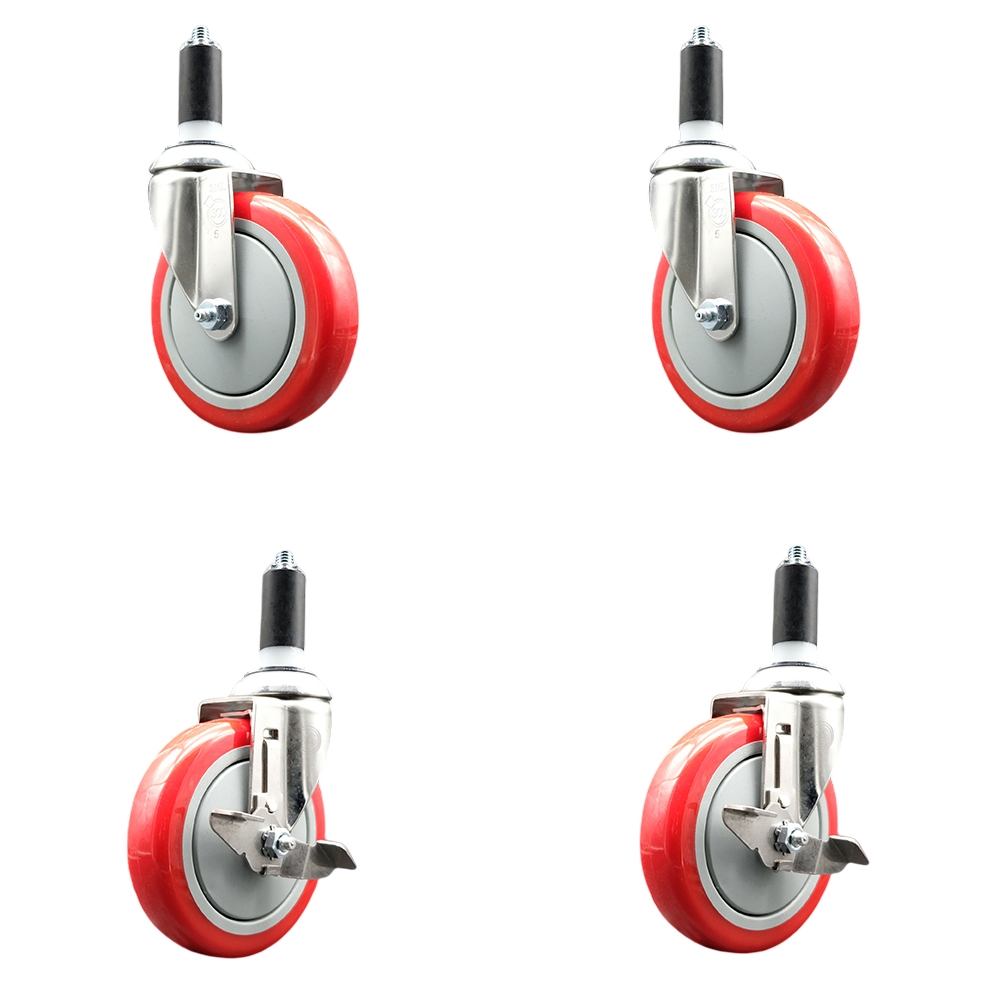 Polyurethane Swivel Stem Caster with 5 in. Red Caster Wheels, 1.25 in. Expanding Stems - 316 Stainless Steel Casters - Set of 4