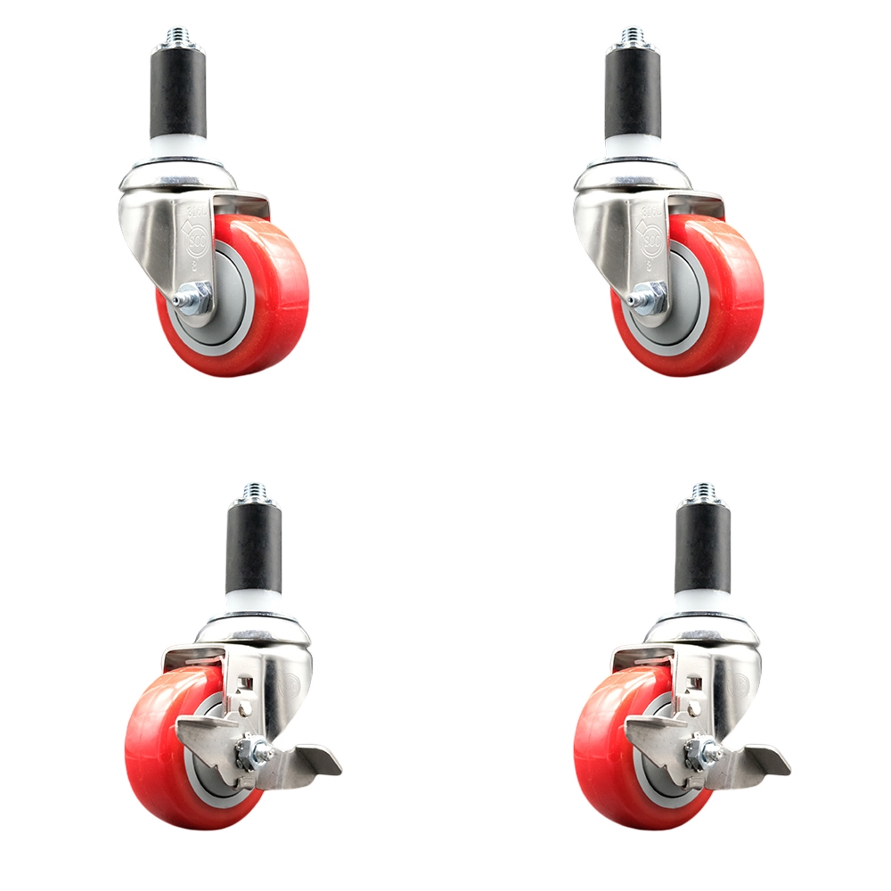 Polyurethane Swivel Stem Caster with 3.5 in. Red Caster Wheels, 1.38 in. Expanding Stems - 316 Stainless Steel Casters - Set of 4