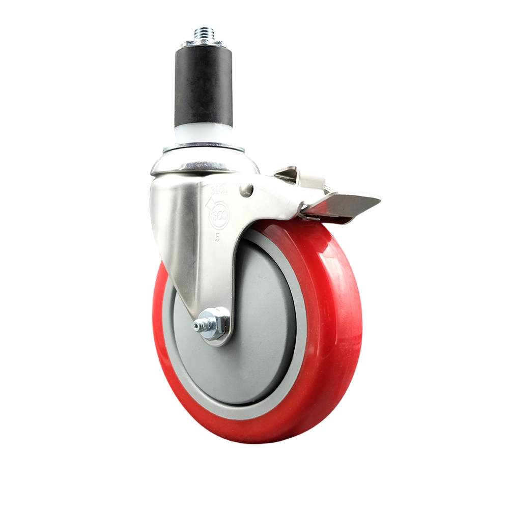 Polyurethane Swivel Stem Caster with 5 in. Red Caster Wheels & Total Lock Brake, 1.5 in. Expanding Stem - 316 Stainless Steel Caster