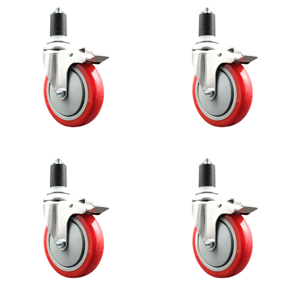 Polyurethane Swivel Stem Caster with 5 in. Red Caster Wheels, 1.5 in. Expanding Stems - 316 Stainless Steel Casters - Set of 4
