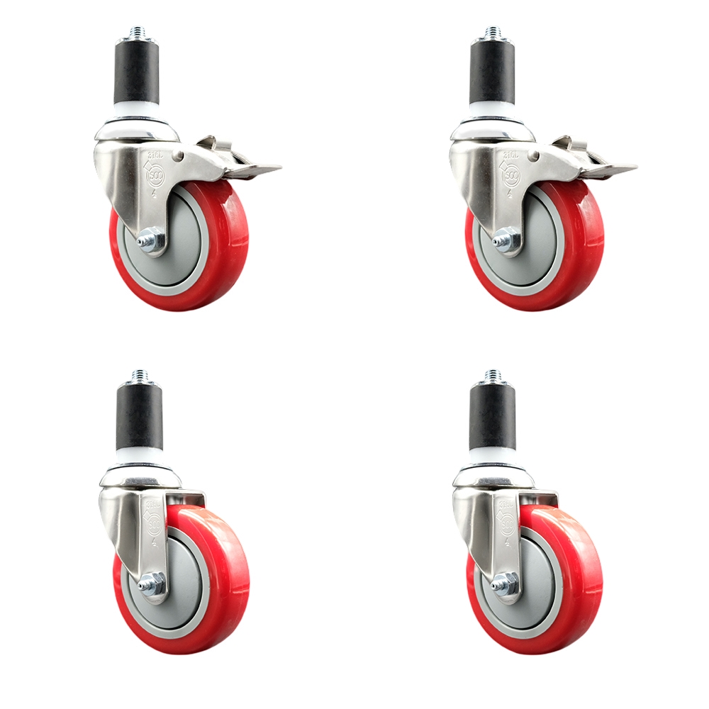 Polyurethane Swivel Stem Caster with 4 in. Red Caster Wheels, 1.63 in. Expanding Stem - 316 Stainless Steel Casters - Set of 4