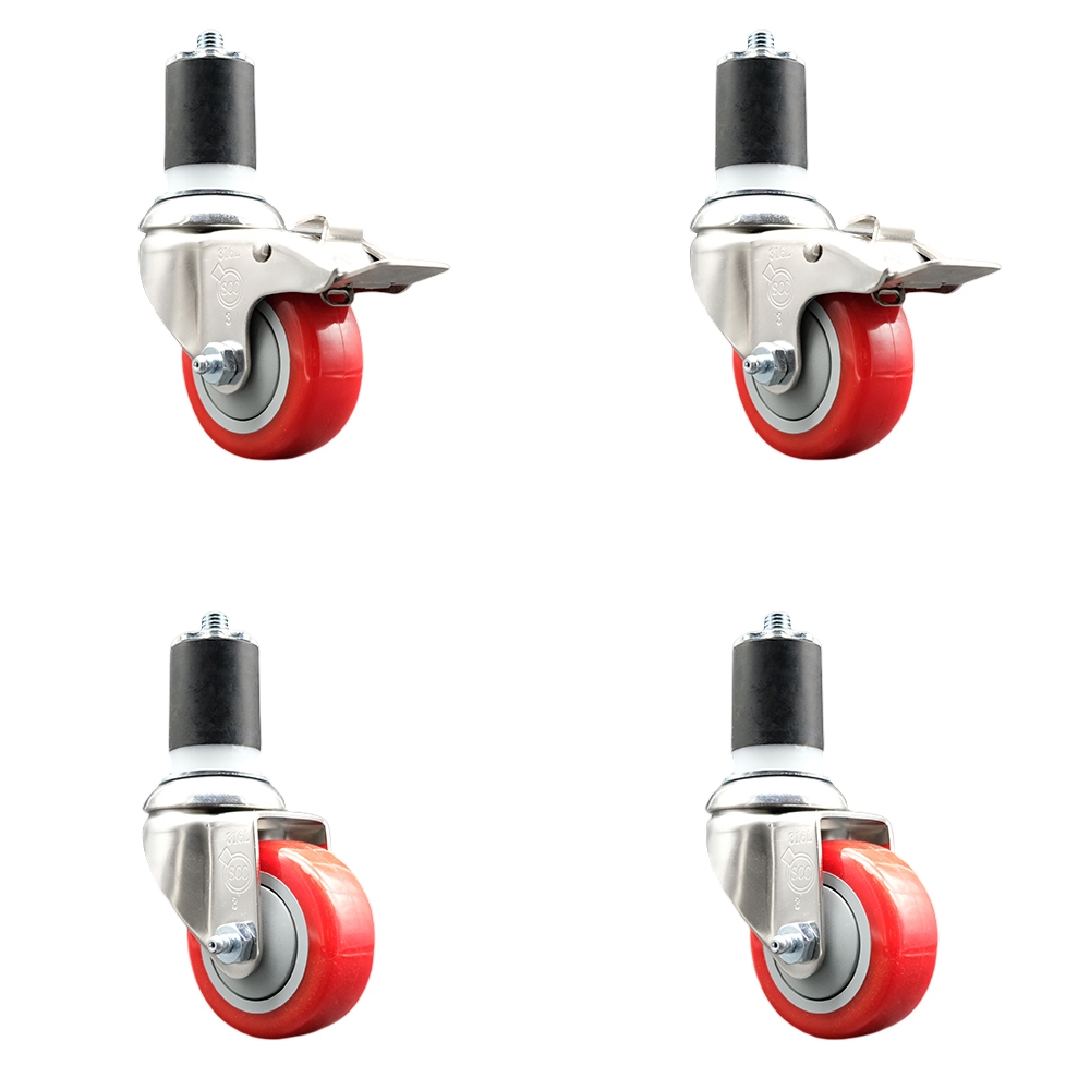Polyurethane Swivel Stem Caster with 3.5 in. Red Caster Wheels, 1.75 in. Expanding Stem - 316 Stainless Steel Casters - Set of 4