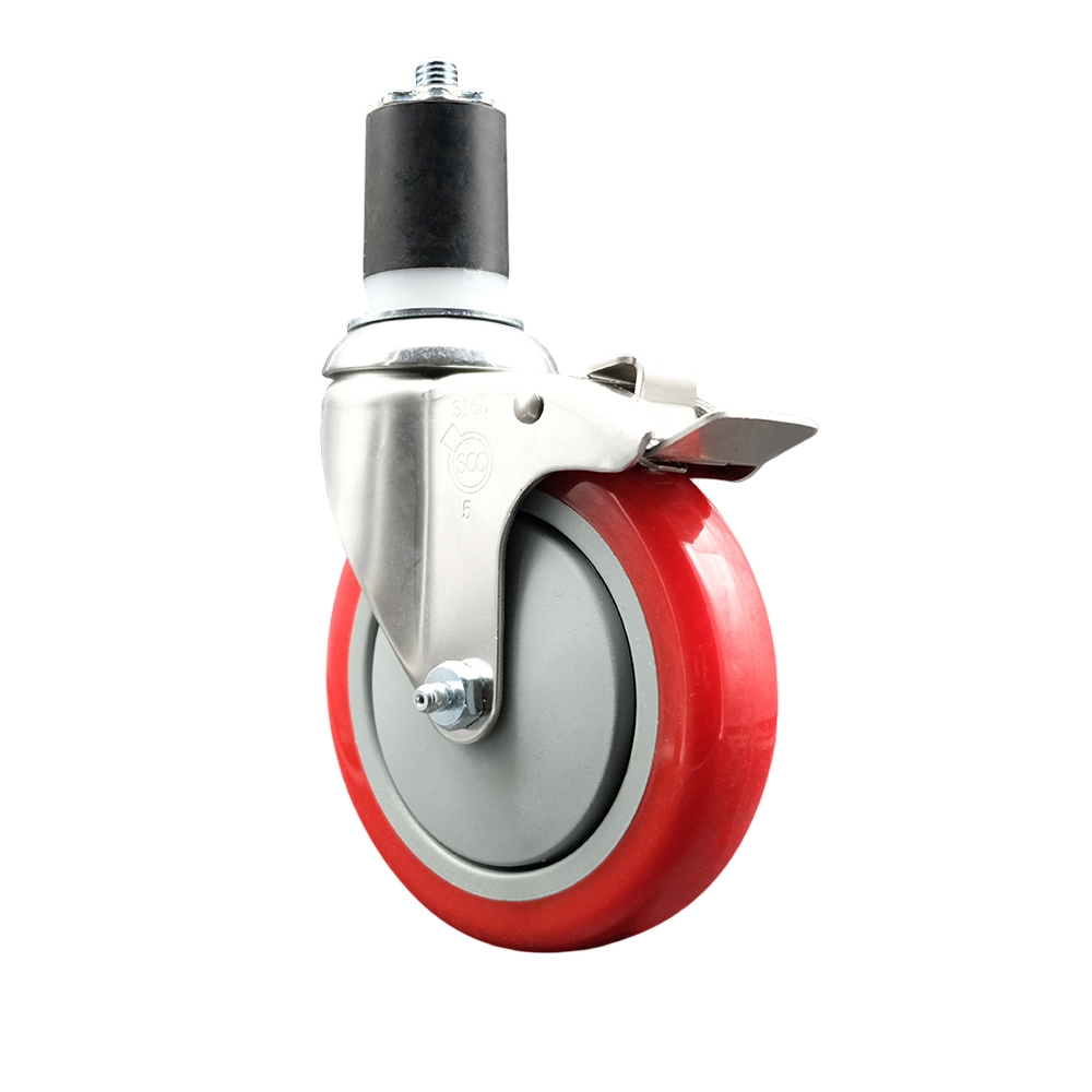 Polyurethane Swivel Stem Caster with 5 in. Red Caster Wheels & Total Lock Brake, 1.87 in. Expanding Stem - 316 Stainless Steel Caster