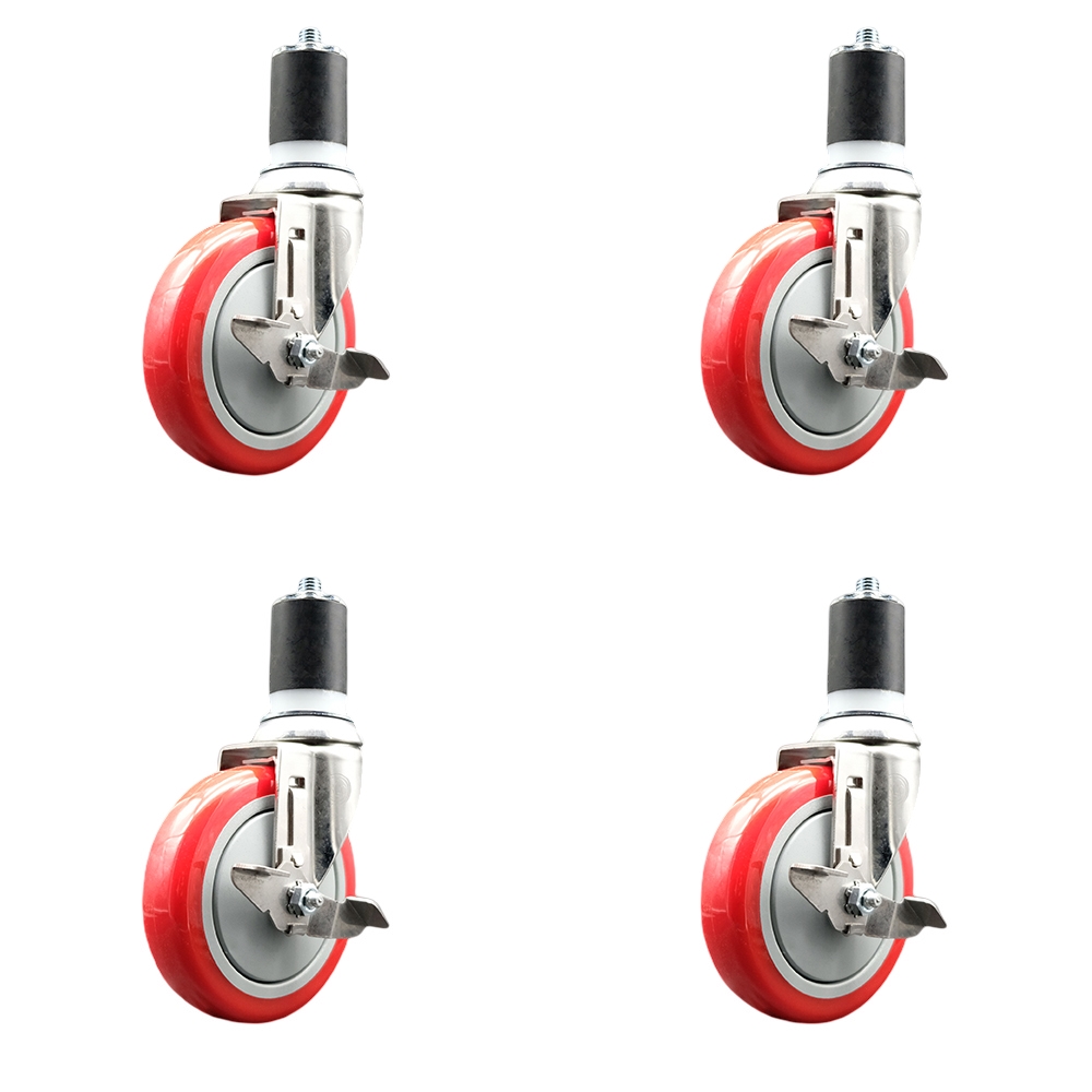Polyurethane Swivel Stem Caster with 5 in. Red Caster Wheels, 1.87 in. Expanding Stems - 316 Stainless Steel Casters - Set of 4