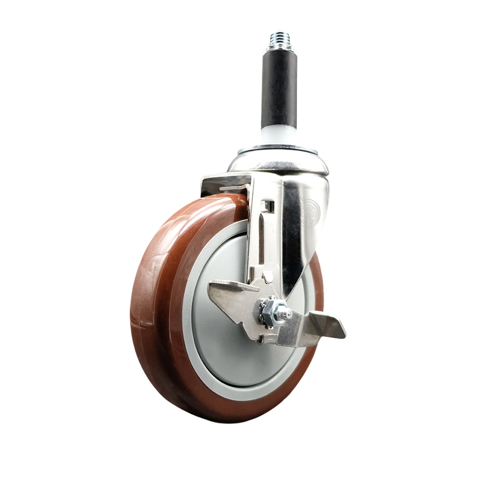 Polyurethane Swivel Stem Caster with 5 in. Maroon Caster Wheels & Top Lock Brake, 0.75 in. Expanding Stem - 316 Stainless Steel Caster
