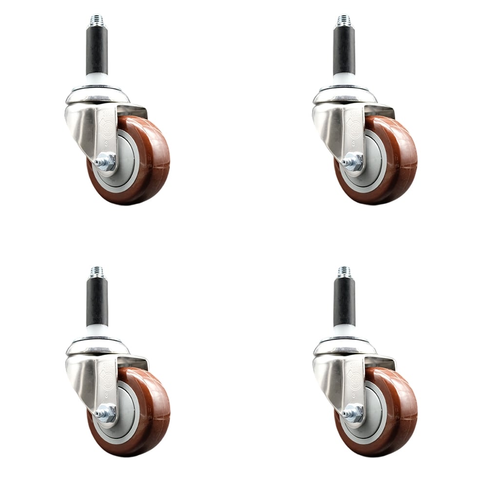 Polyurethane Swivel Stem Caster with 3 in. Maroon Caster Wheels, 0.87 in. Expanding Stems - 316 Stainless Steel Casters - Set of 4