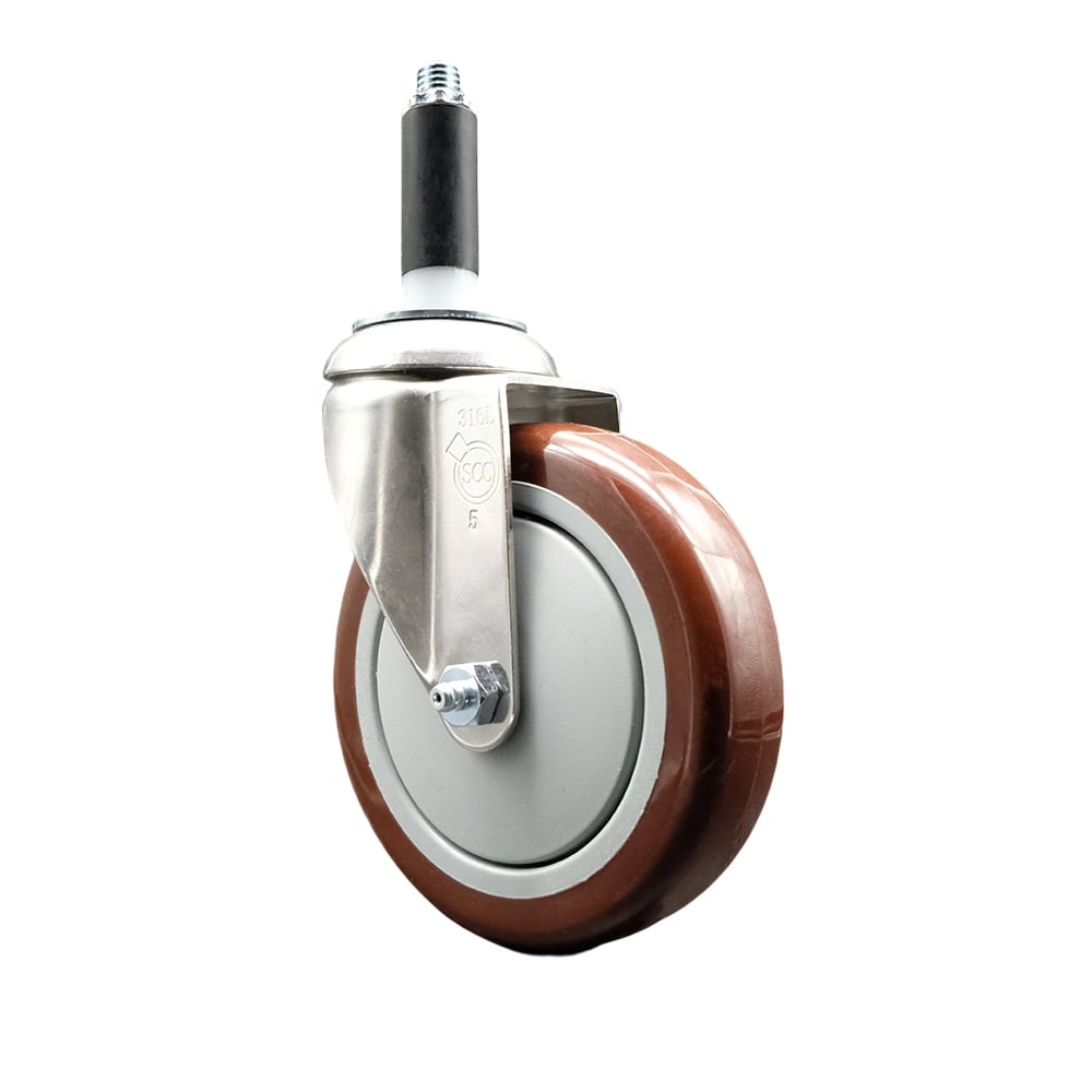 Polyurethane Swivel Stem Caster with 5 in. Maroon Caster Wheels, 0.87 in. Expanding Stem - 316 Stainless Steel Caster