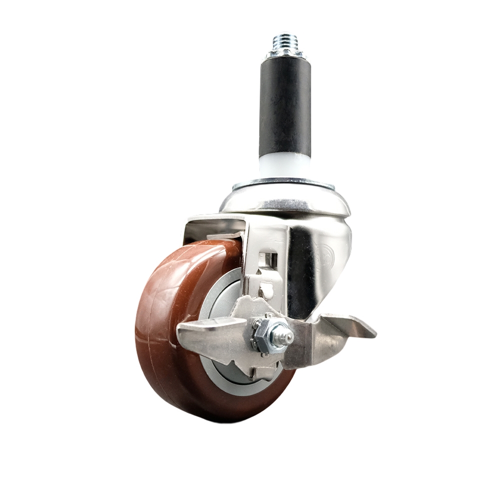 Polyurethane Swivel Stem Caster with 3.5 in. Maroon Caster Wheels & Top Lock Brake, 1 in. Expanding Stem - 316 Stainless Steel Caster