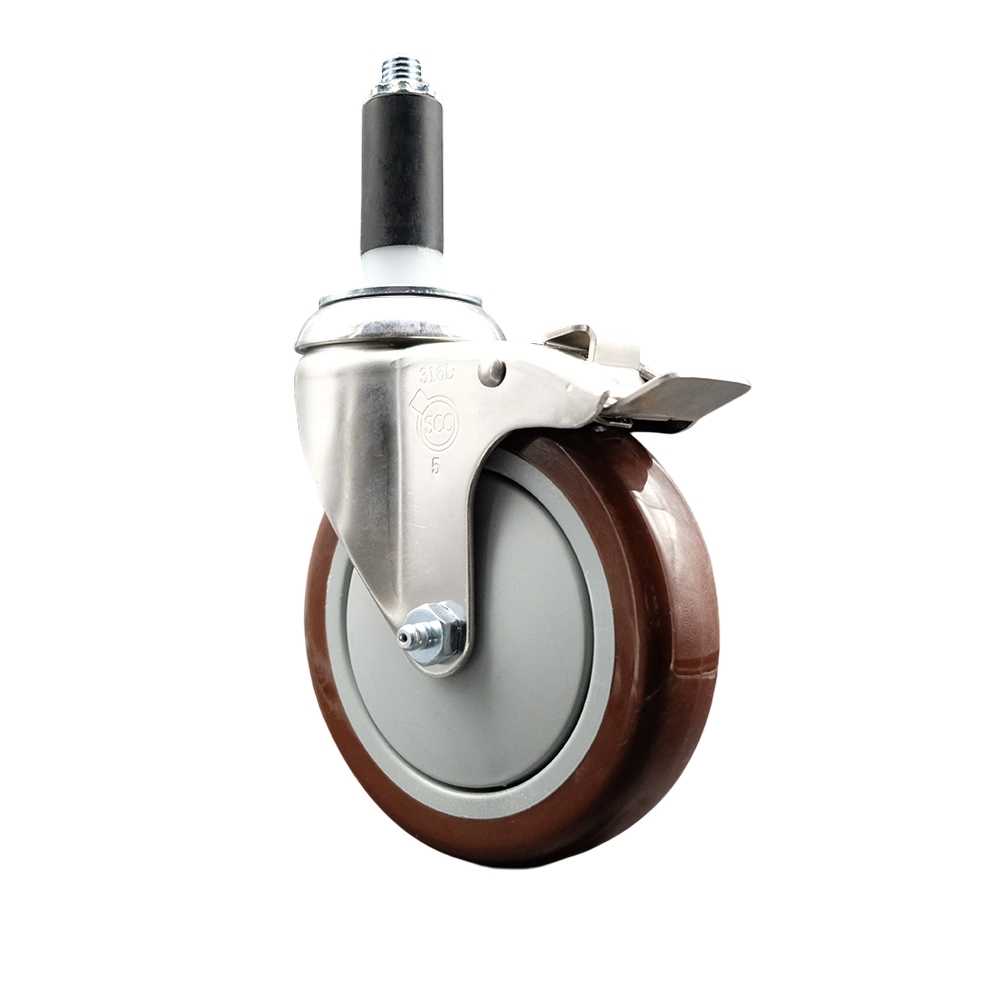 Polyurethane Swivel Stem Caster with 5 in. Maroon Caster Wheels & Total Lock Brake, 1.13 in. Expanding Stem - 316 Stainless Steel Caster
