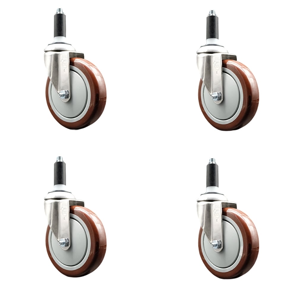 Polyurethane Swivel Stem Caster with 5 in. Maroon Caster Wheels, 1.13 in. Expanding Stems - 316 Stainless Steel Casters - Set of 4