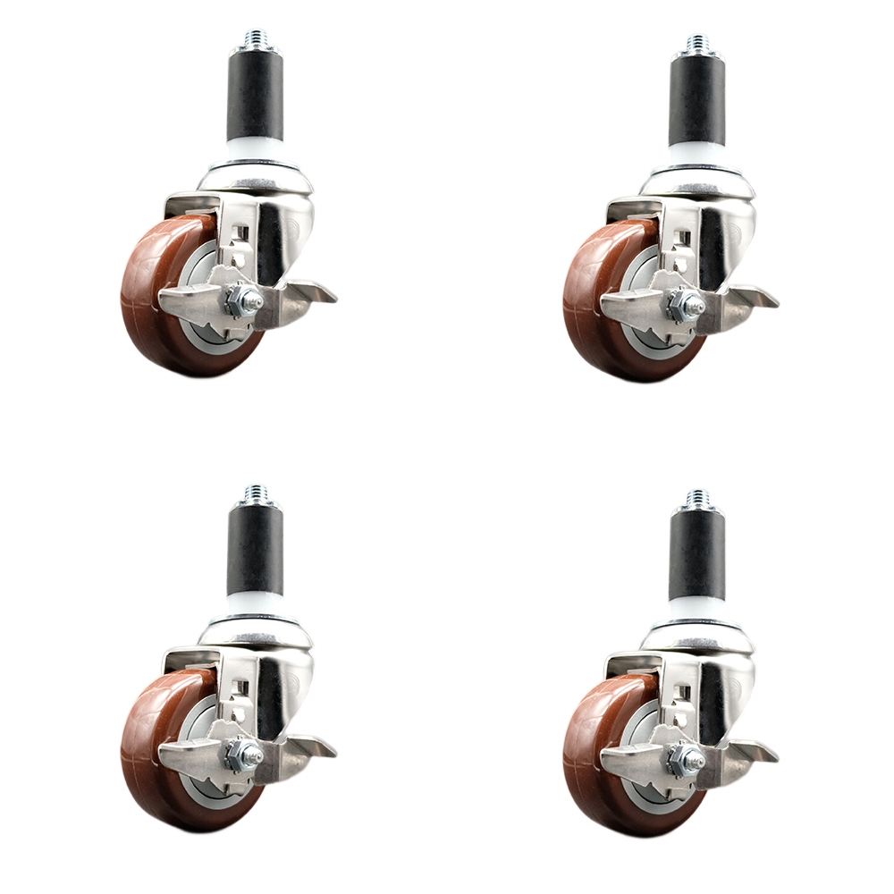 Polyurethane Swivel Stem Caster with 3.5 in. Maroon Caster Wheels, 1.25 in. Expanding Stems - 316 Stainless Steel Casters - Set of 4