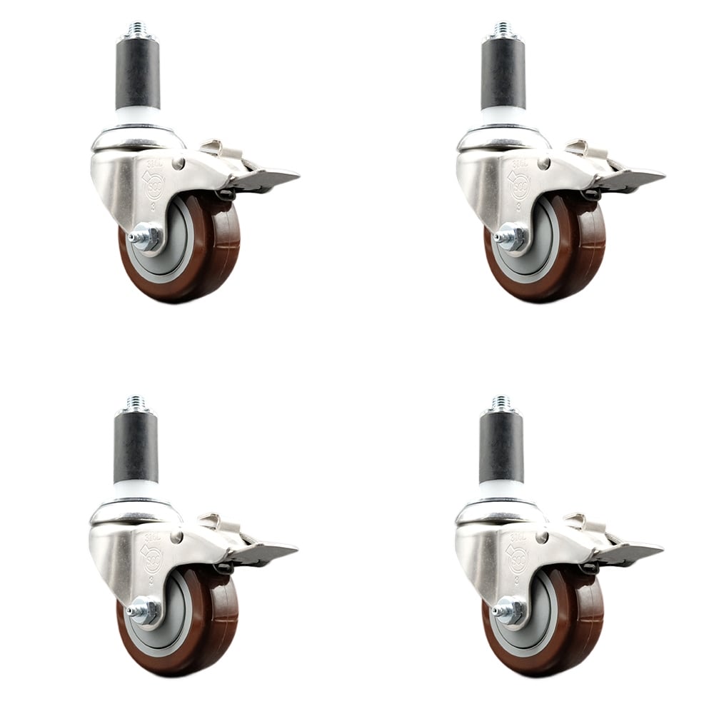 Polyurethane Swivel Stem Caster with 3 in. Maroon Caster Wheels, 1.38 in. Expanding Stems - 316 Stainless Steel Casters - Set of 4