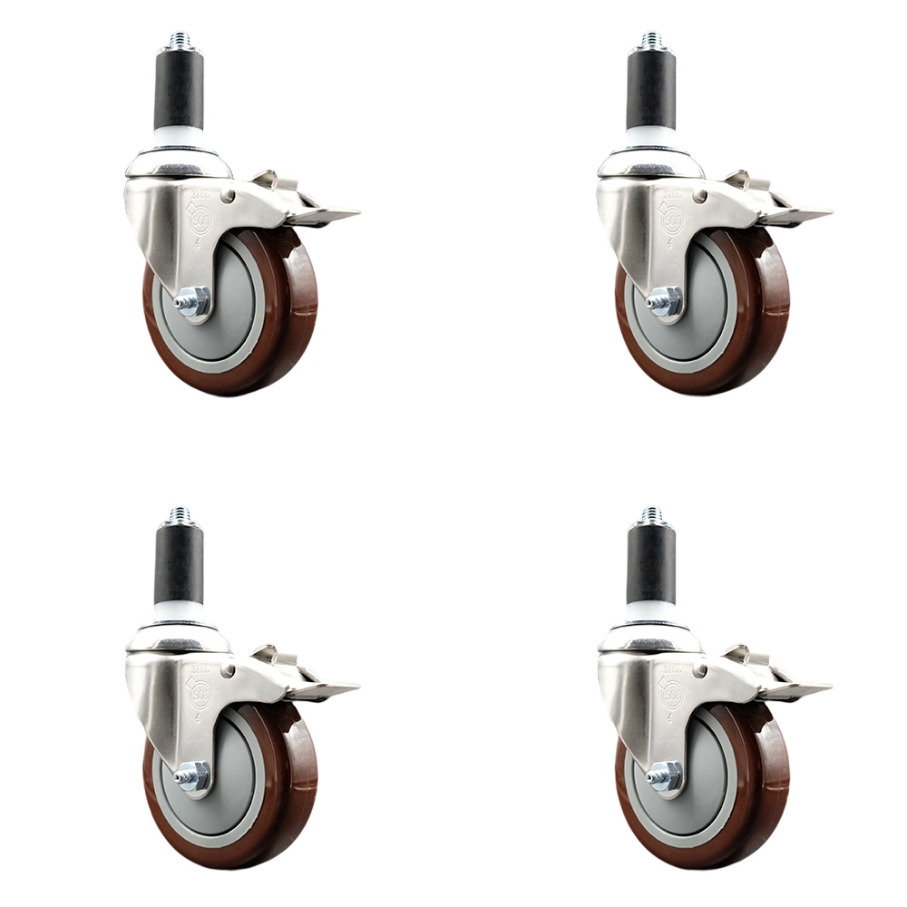 Polyurethane Swivel Stem Caster with 4 in. Maroon Caster Wheels, 1.38 in. Expanding Stems - 316 Stainless Steel Casters - Set of 4