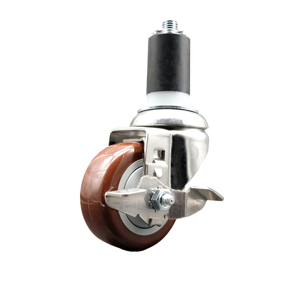 Polyurethane Swivel Stem Caster with 3 in. Maroon Caster Wheels & Top Lock Brake, 1.5 in. Expanding Stem - 316 Stainless Steel Caster