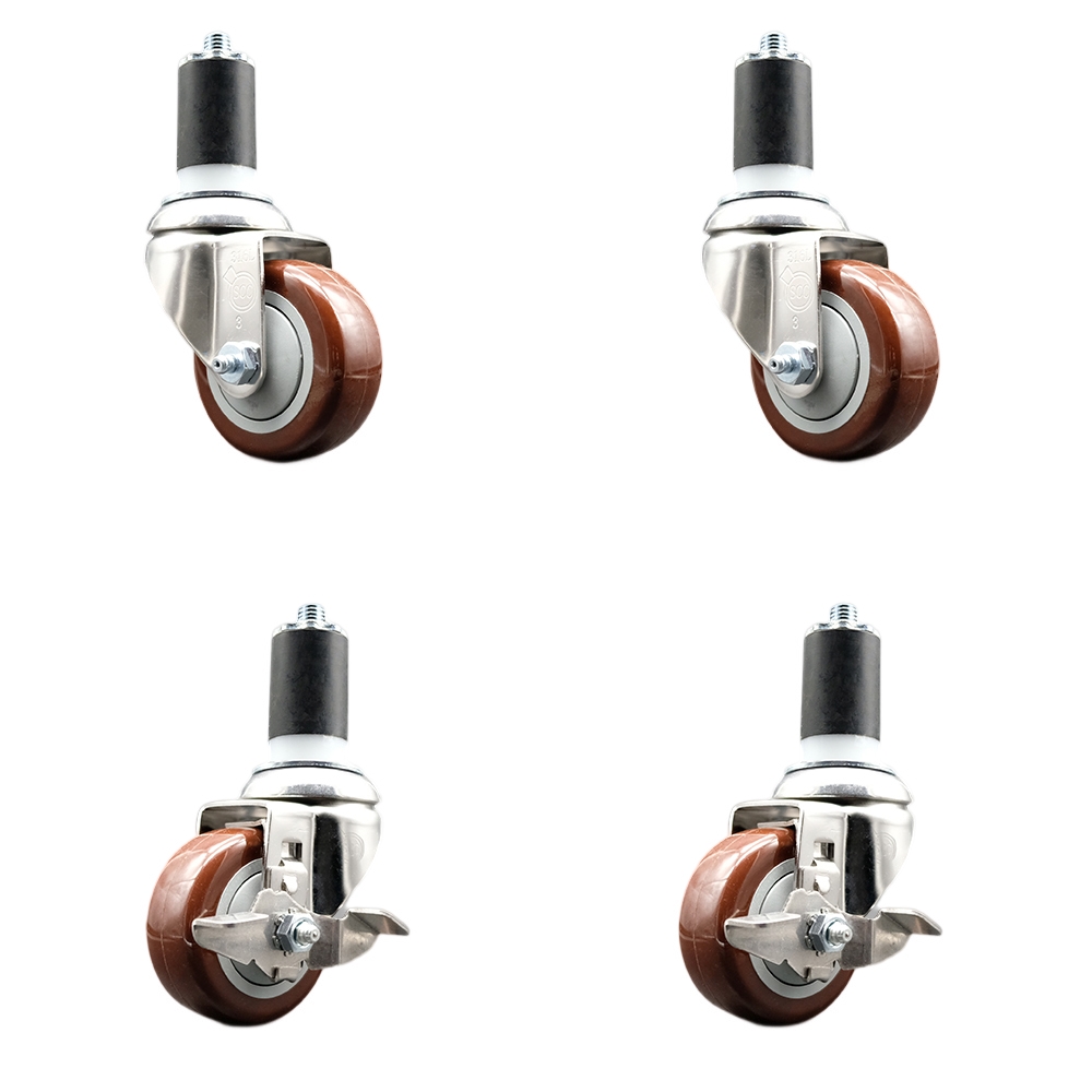Polyurethane Swivel Stem Caster with 3 in. Maroon Caster Wheels, 1.5 in. Expanding Stems - 316 Stainless Steel Casters - Set of 4