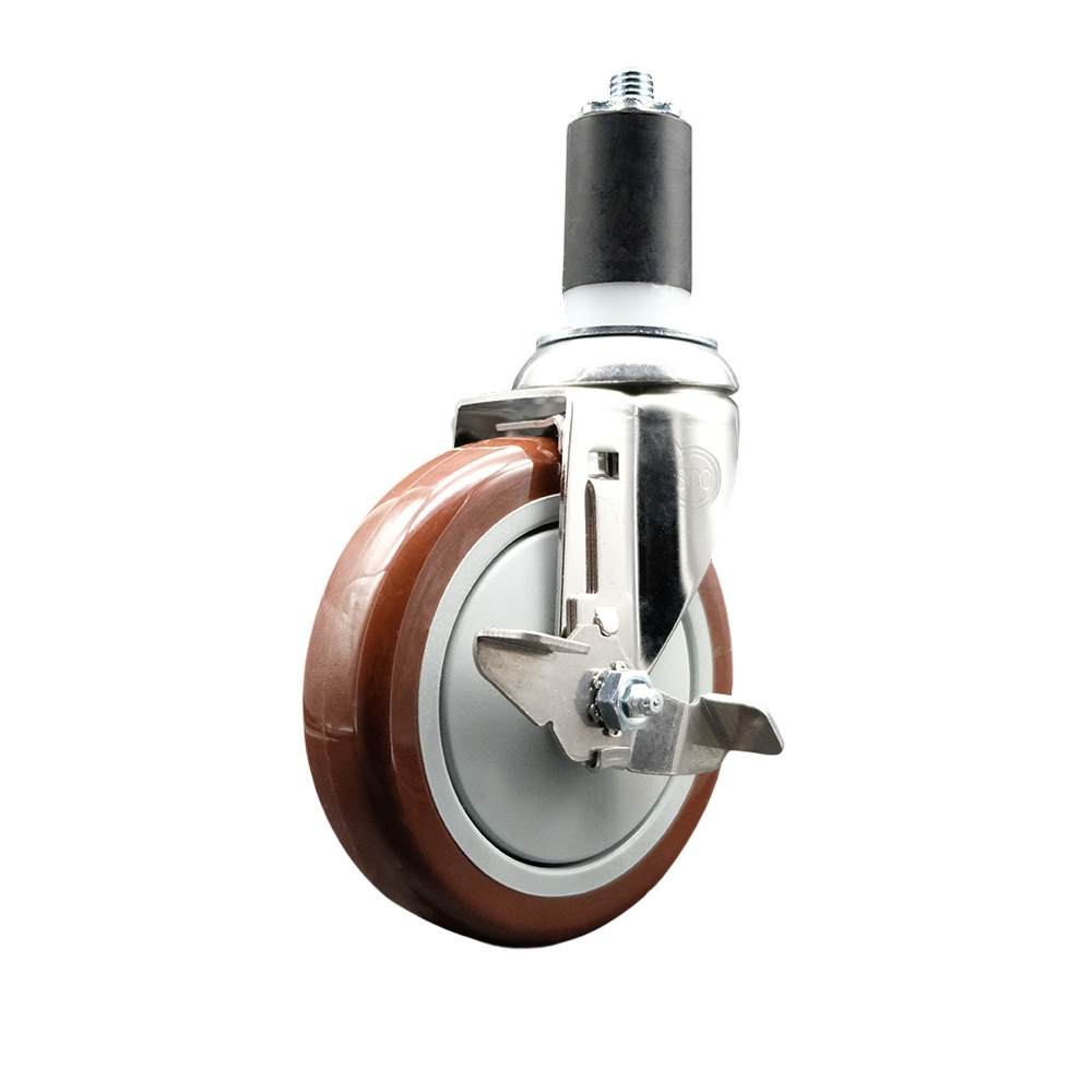 Polyurethane Swivel Stem Caster with 5 in. Maroon Caster Wheels & Top Lock Brake, 1.5 in. Expanding Stem - 316 Stainless Steel Caster