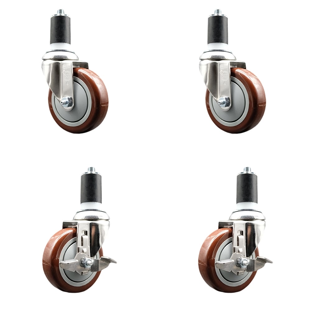 Polyurethane Swivel Stem Caster with 4 in. Maroon Caster Wheels, 1.63 in. Expanding Stems - 316 Stainless Steel Casters - Set of 4