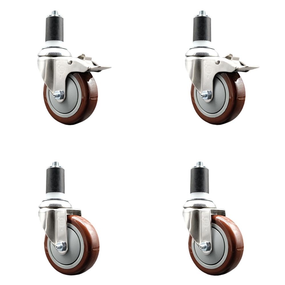 Polyurethane Swivel Stem Caster with 4 in. Maroon Caster Wheels, 1.63 in. Expanding Stem - 316 Stainless Steel Casters - Set of 4