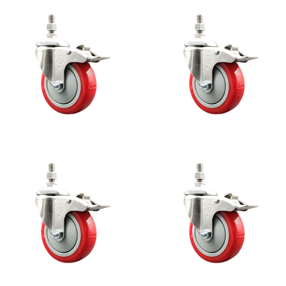 Polyurethane Swivel Stem Caster with 4 in. Red Caster Wheels, 0.38 in. Threaded Stems - 316 Stainless Steel Casters - Set of 4