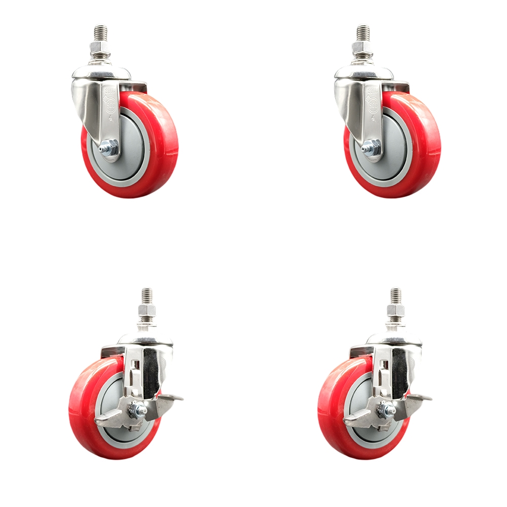 Poly Swivel Stem Caster with 4 in. Red Caster Wheels, 0.38 in. Threaded Stems - 316 Stainless Steel Casters - Set of 4