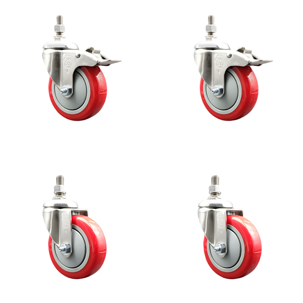 Poly Swivel Stem Caster with 4 in. Red Caster Wheels, 10 mm Threaded Stems - 316 Stainless Steel Casters - Set of 4