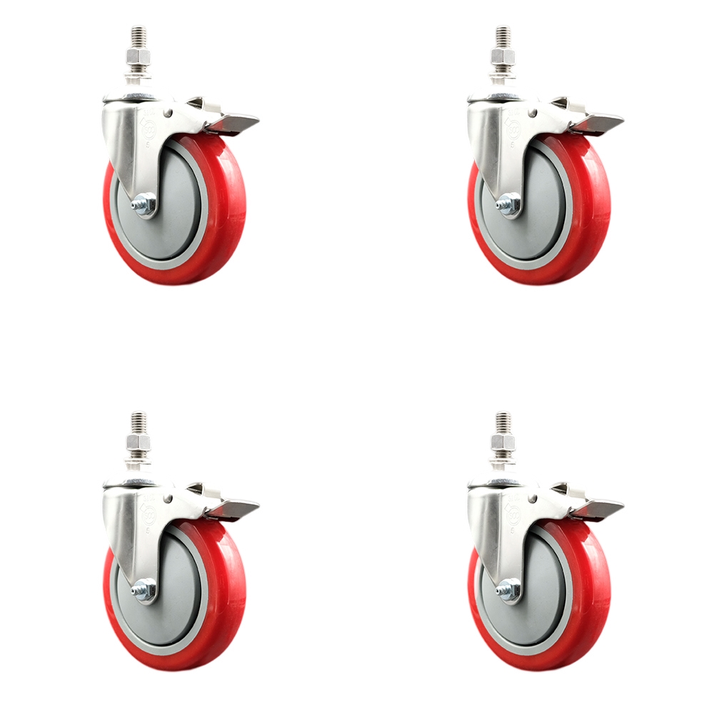 Polyurethane Swivel Stem Caster with 5 in. Red Caster Wheels, 10 mm Threaded Stems - 316 Stainless Steel Casters - Set of 4