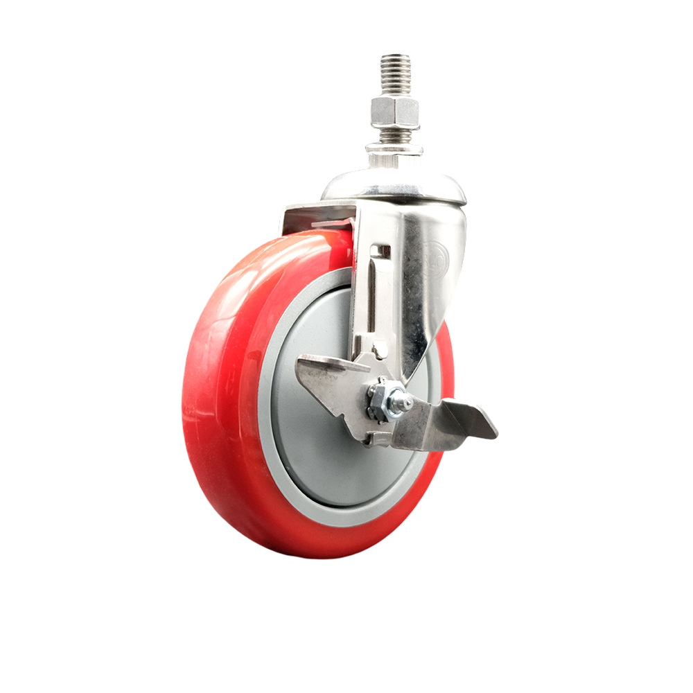 Polyurethane Swivel Stem Caster with 5 in. Red Caster Wheels & Top Lock Brake, 12 mm Threaded Stem - 316 Stainless Steel Caster