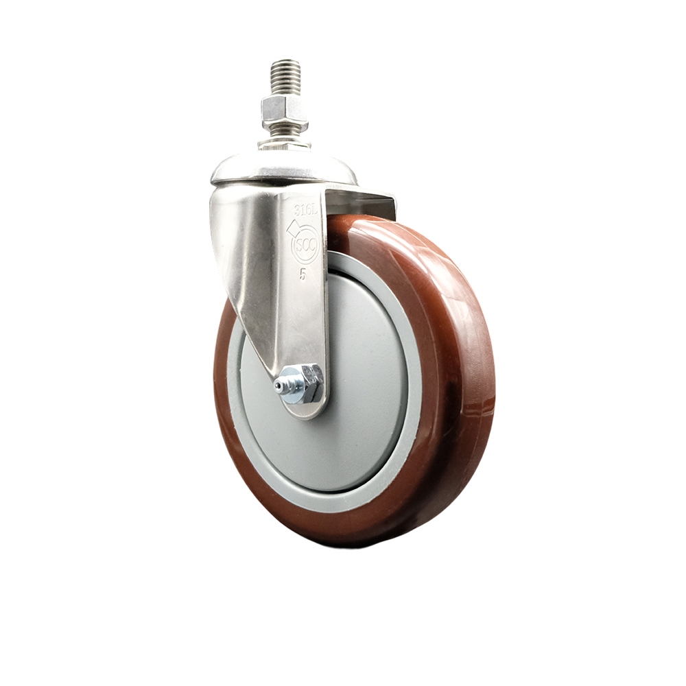 Polyurethane Swivel Stem Caster with 5 in. Maroon Caster Wheels, 0.5 in. Threaded Stem - 316 Stainless Steel Caster