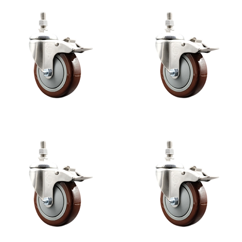 Polyurethane Swivel Stem Caster with 4 in. Maroon Caster Wheels, 0.38 in. Threaded Stems - 316 Stainless Steel Casters - Set of 4