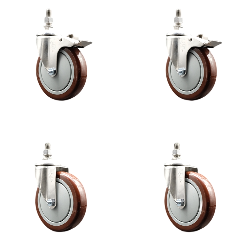 Poly Swivel Stem Caster with 5 in. Maroon Caster Wheels, 0.38 in. Threaded Stems - 316 Stainless Steel Casters - Set of 4