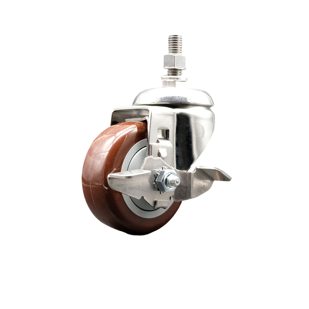 Polyurethane Swivel Stem Caster with 3 in. Maroon Caster Wheels & Top Lock Brake, 10 mm Threaded Stem - 316 Stainless Steel Caster