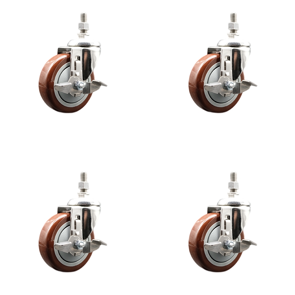 Polyurethane Swivel Stem Caster with 4 in. Maroon Caster Wheels, 10 mm Threaded Stems - 316 Stainless Steel Casters - Set of 4