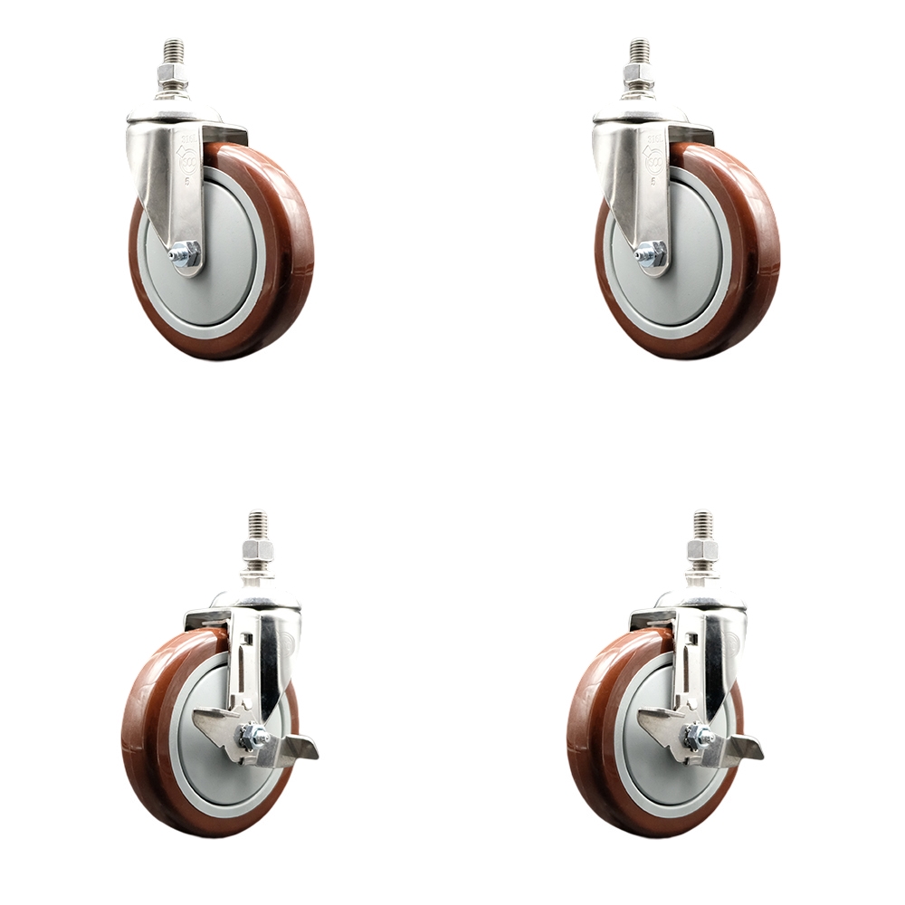 Poly Swivel Stem Caster with 5 in. Maroon Caster Wheels, 10 mm Threaded Stems - 316 Stainless Steel Casters - Set of 4
