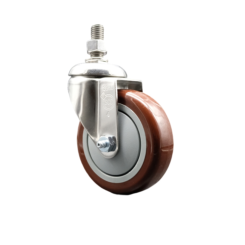 Polyurethane Swivel Stem Caster with 4 in. Maroon Caster Wheels, 12 mm Threaded Stem - 316 Stainless Steel Caster