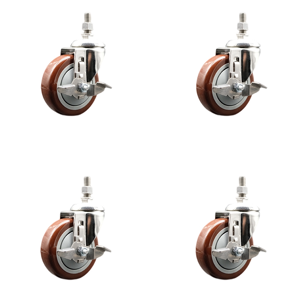 Polyurethane Swivel Stem Caster with 4 in. Maroon Caster Wheels, 12 mm Threaded Stems - 316 Stainless Steel Casters - Set of 4