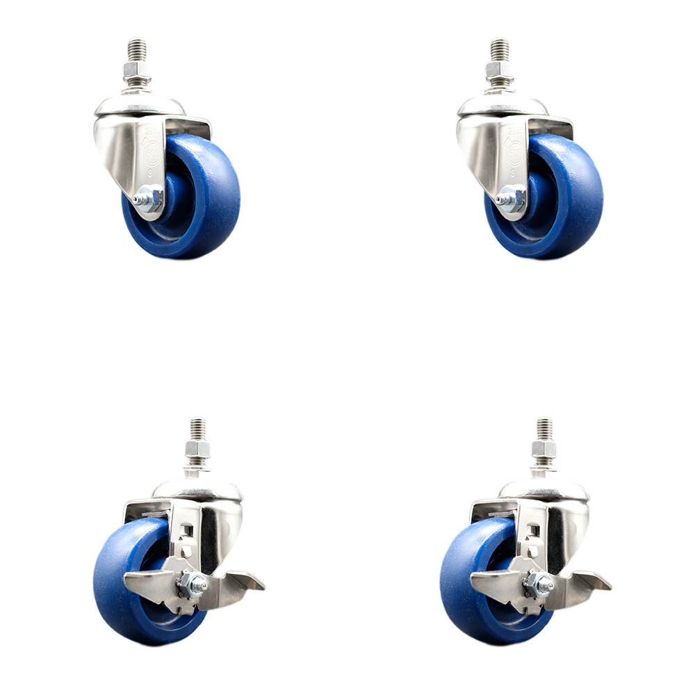 Solid Poly Swivel Stem Caster with 3 in. Caster Wheels, 0.38 in. Threaded Stems - 316 Stainless Steel Casters - Set of 4
