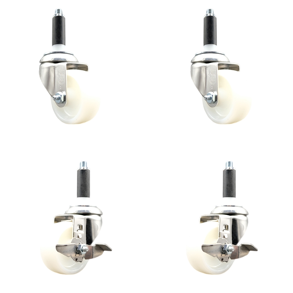 Nylon Swivel Stem Caster with 3 in. Caster Wheels, 0.75 in. Expanding Stems - 316 Stainless Steel Casters - Set of 4