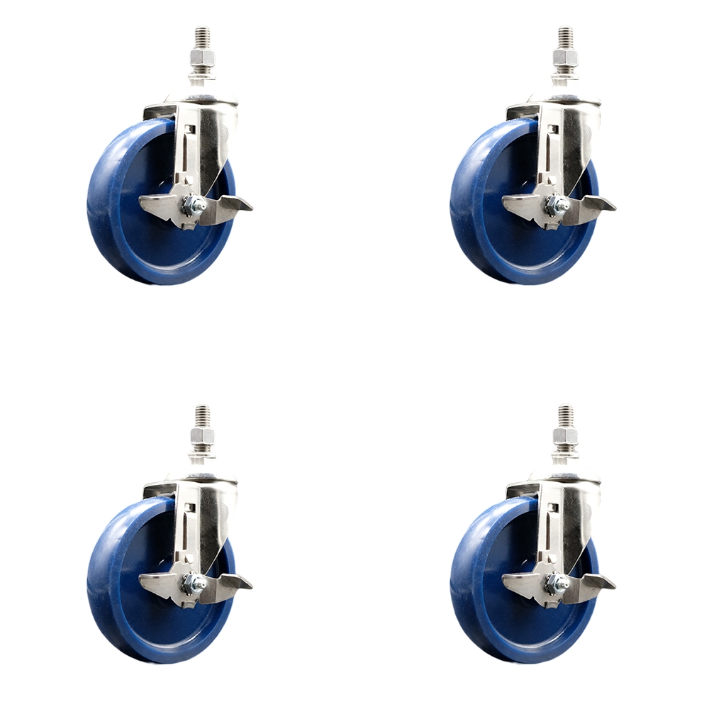 Solid Polyurethane Swivel Stem Caster with 5 in. Caster Wheels, 0.38 in. Threaded Stems - 316 Stainless Steel Casters - Set of 4
