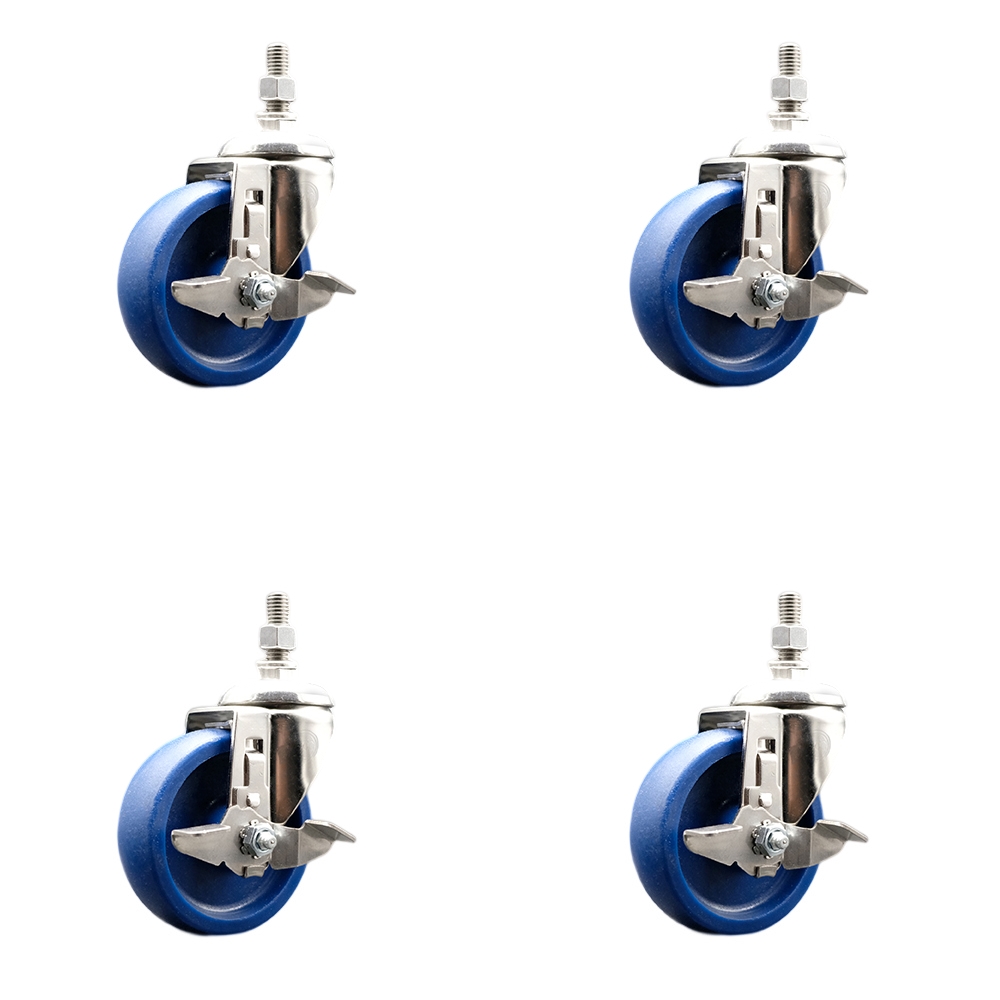Solid Polyurethane Swivel Stem Caster with 4 in. Caster Wheels, 10 mm Threaded Stems - 316 Stainless Steel Casters - Set of 4